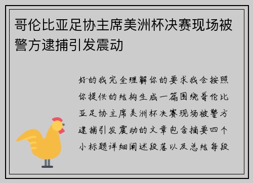 哥伦比亚足协主席美洲杯决赛现场被警方逮捕引发震动