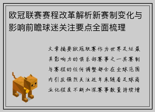 欧冠联赛赛程改革解析新赛制变化与影响前瞻球迷关注要点全面梳理